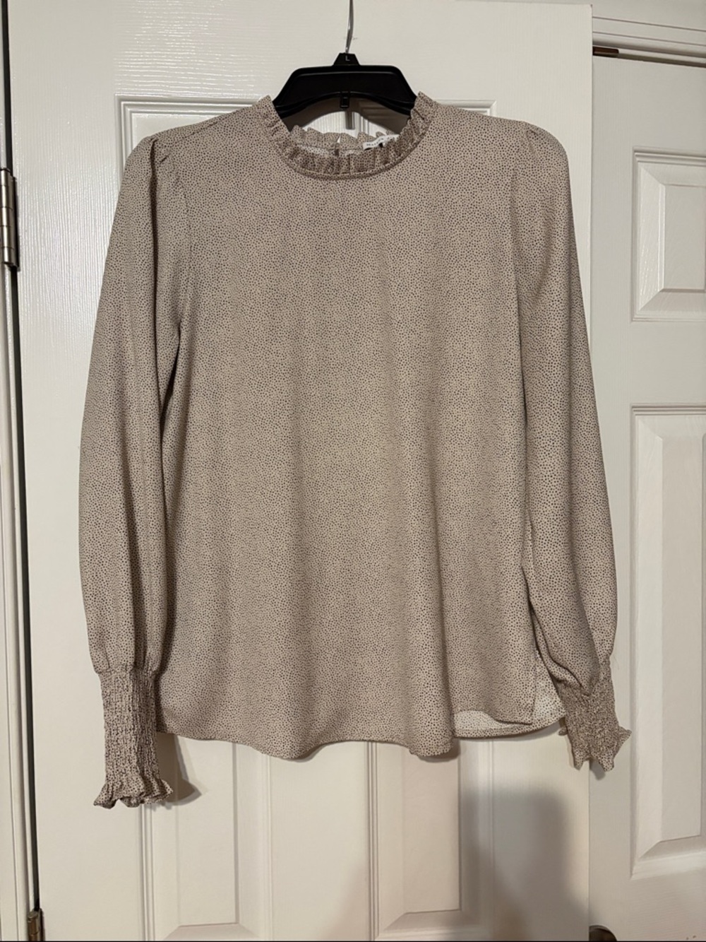 Smocked Ruffle-Neck Long Sleeve Blouse - Taupe